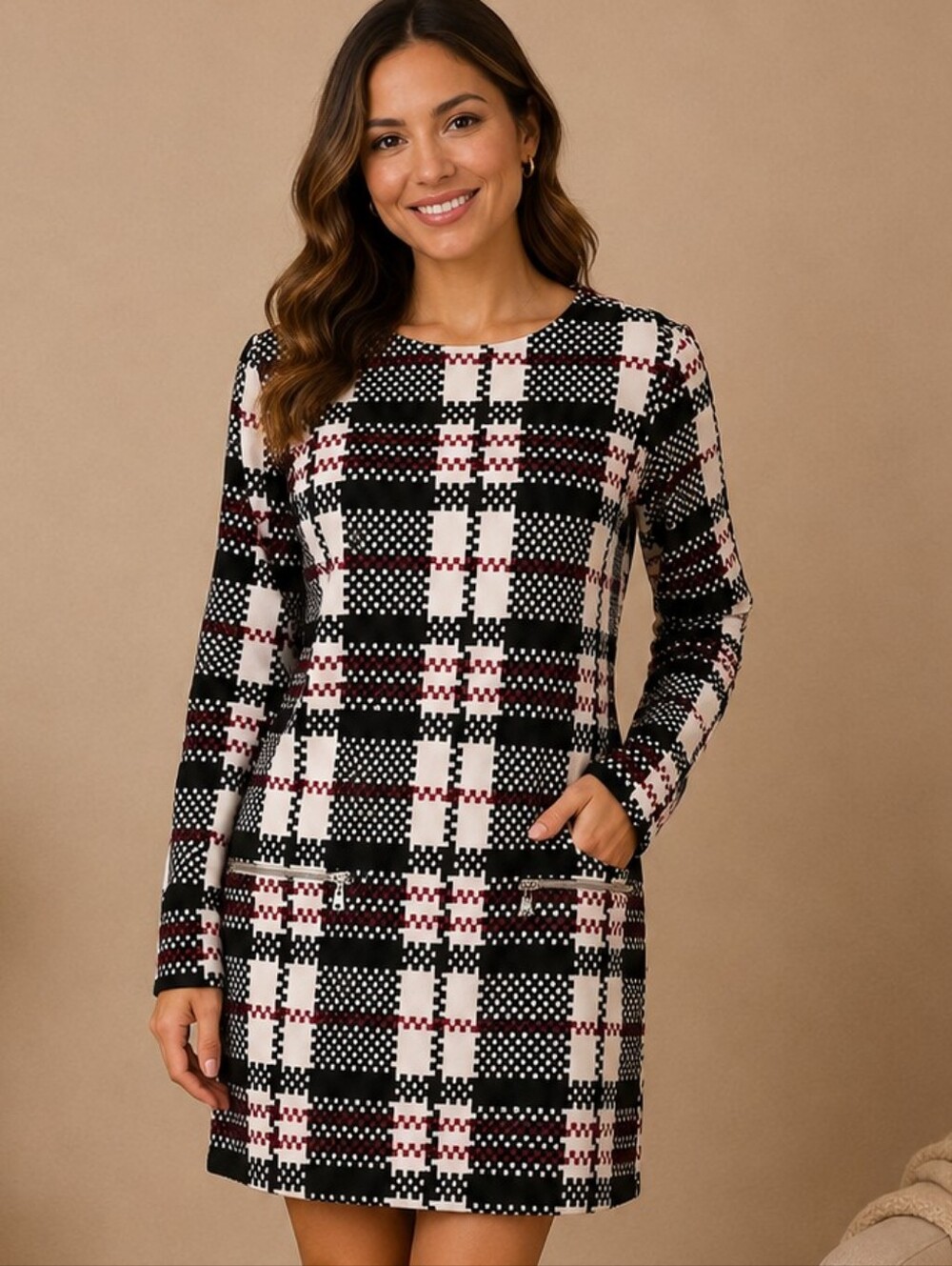 Atmosphere Black and White Geometric Dress with Burgundy Accents